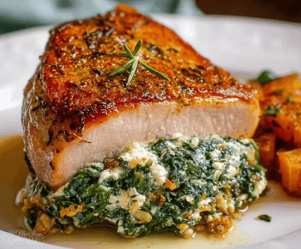 Delicious spinach and cheese stuffed pork chops on a plate, showcasing a juicy and flavorful meal.
