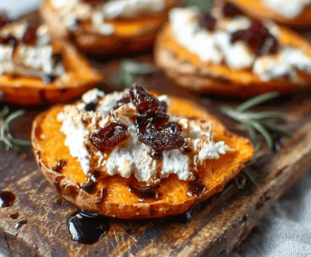 Delicious sweet potato dish topped with creamy goat cheese, garnished with herbs.