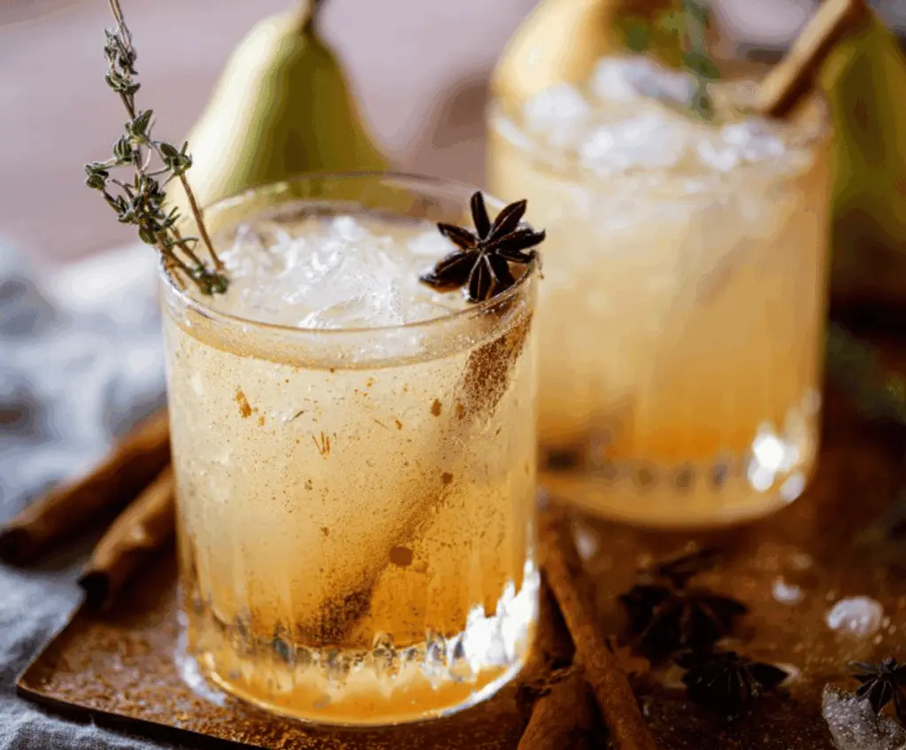 Refreshing Vanilla Pear Mocktail in a glass with autumn leaves background, perfect for cozy fall evenings.