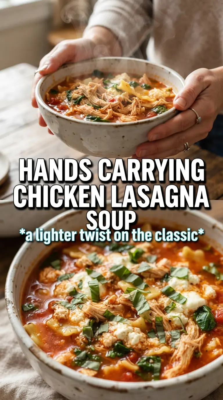 Chicken Lasagna Soup, tomato broth, cheesy, comforting