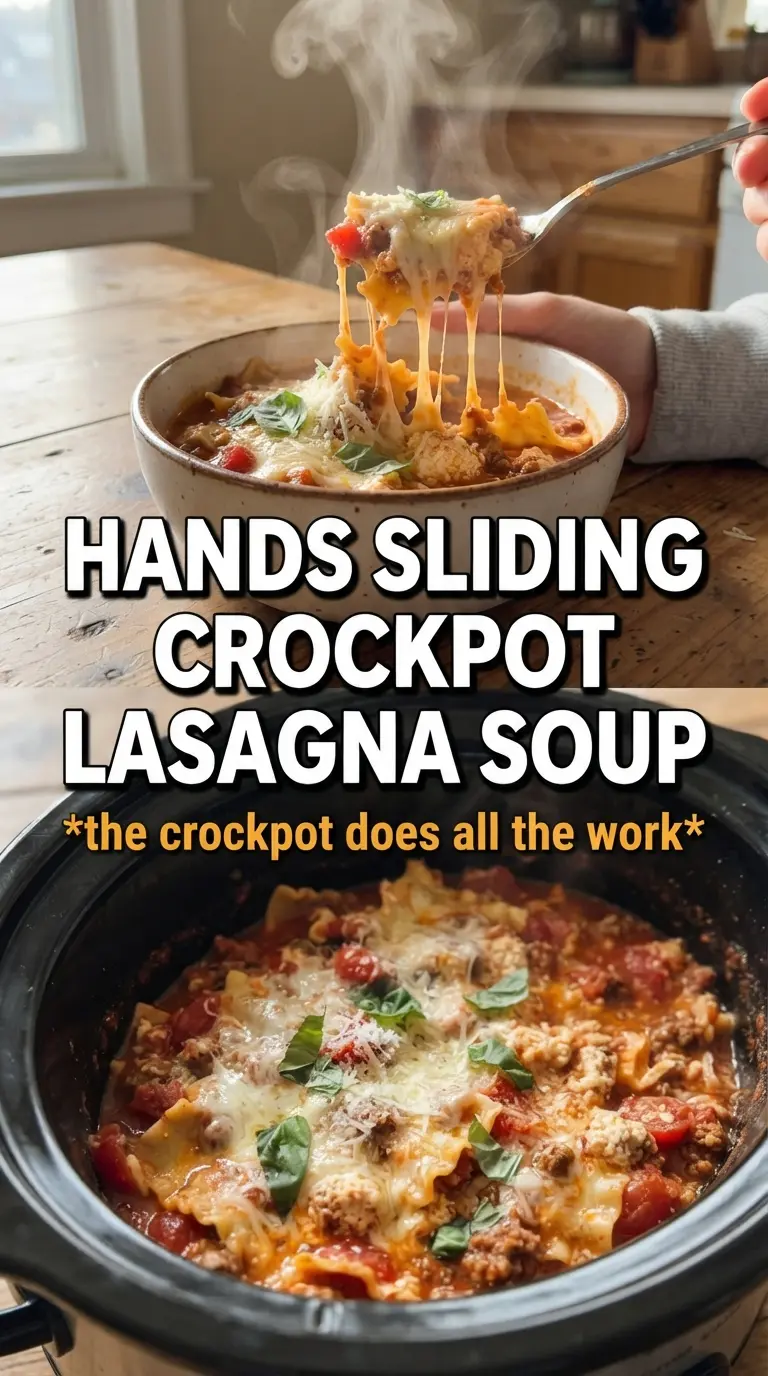 Crockpot lasagna soup hearty tomato broth, cheesy, basil-topped