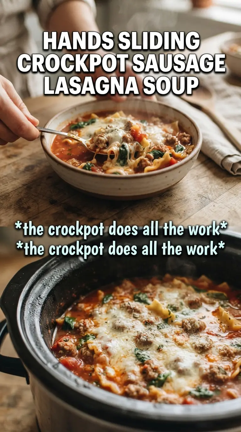 Crockpot lasagna soup with Italian sausage and cheese, rich tomato broth, melty topping
