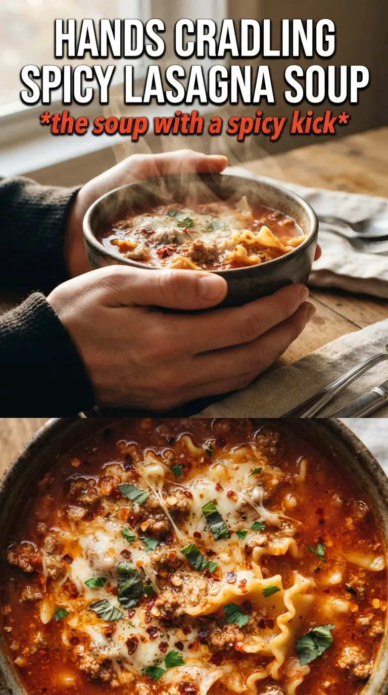 Spicy Lasagna Soup, bold tomato broth, cheesy ricotta